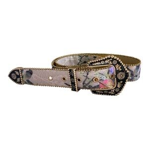 Western Embellished Floral Leather Belt in Blush Pink and Black